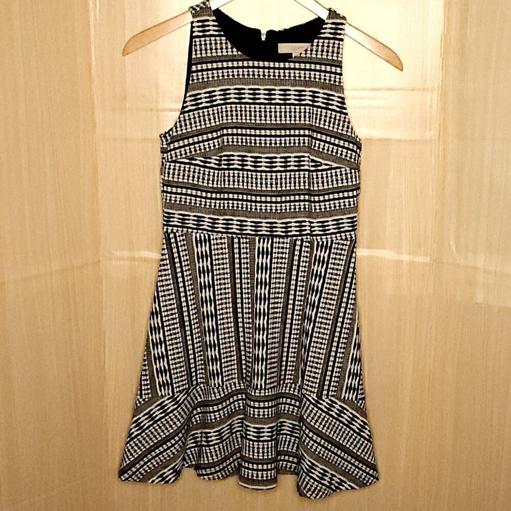 Loft Petite Black White Knit Geometric Fit Flare Dress 4P